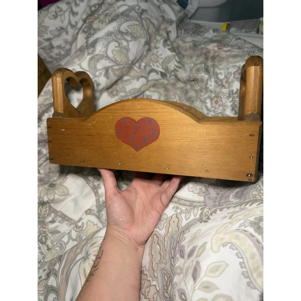 Vintage Wooden Caddy Storage Tray Hand Painted Carved Hearts Country Decor